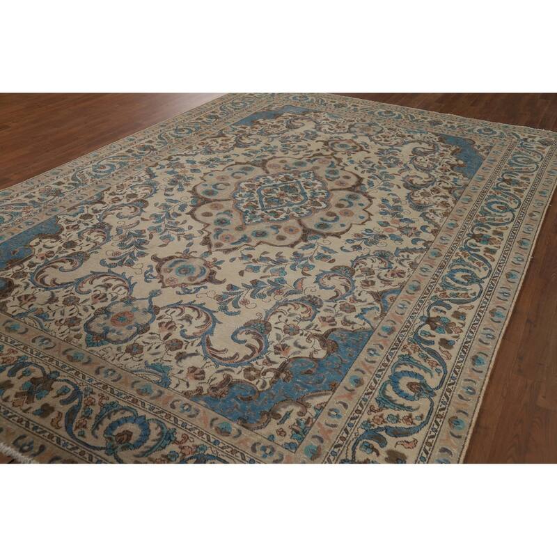Distressed Beige Tabriz Vintage Persian Rug Hand-Knotted Wool Carpet - 7'10" x 10'11"