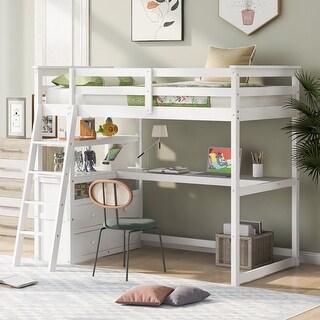 Modern Style Solid Pine Wood Twin Size Loft Bed with Desk, Shelves ...