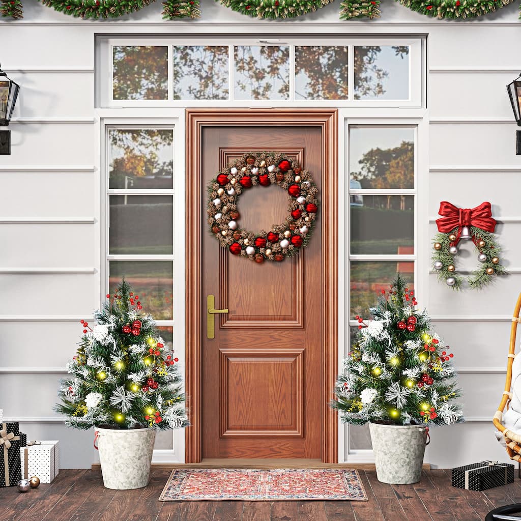 Pre Lit Artificial Christmas Trees with Snow Tips Pine Cones Berries and Ornaments Warm White LED Lights 8 Modes