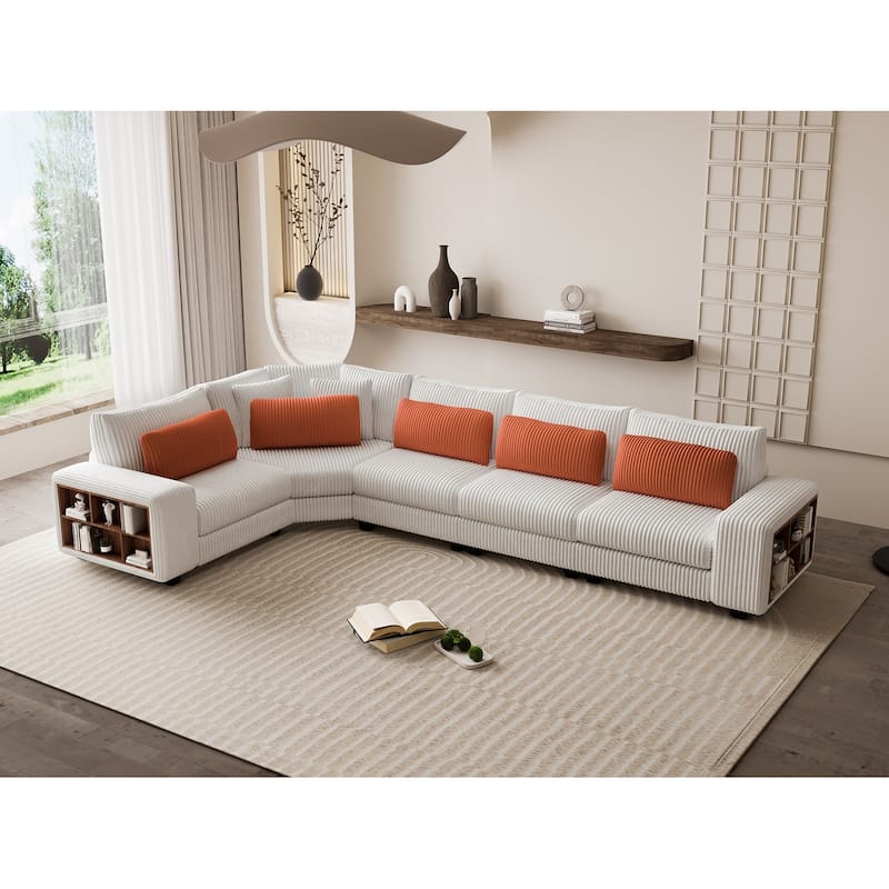 142'' L-Shaped 5 Seater Modular Sectional Sofa Couch with Pillow, Wooden Armrests and Storage, for Ultimate Comfort