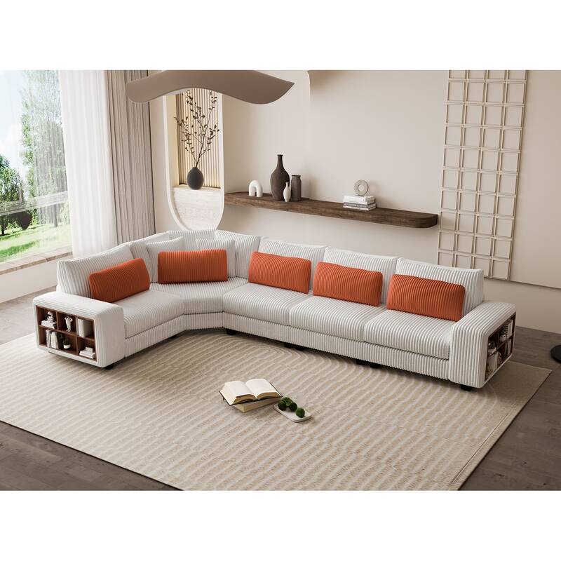 Beige 142'' L-Shaped 5 Seater Modular Sectional Sofa with Pillow, Wooden Armrests and Storage Shelves