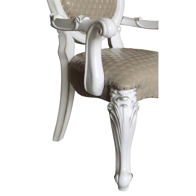 HomeRoots Set of Two Gray and White Upholstered Faux Leather And Solid Wood King Louis Back Dining Arm Chairs