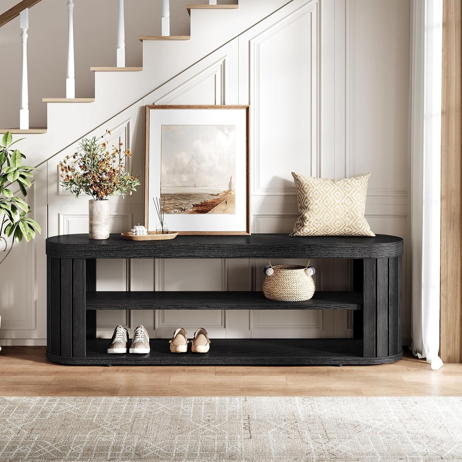 47.2" Entryway Bench with 2-Tier Shoe Storage, Farmhouse Dining Bench