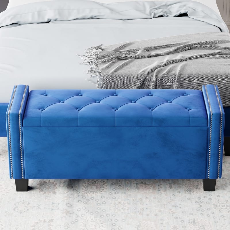 Modern Velvet Upholstered Storage Bench for Bedroom,Ottoman End of Bed Bench with Rivet Design