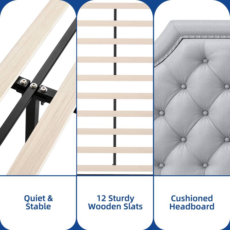 Moasis Linen Upholstered Platform Bed Velvet Bed Frame with Adjustable Headboard