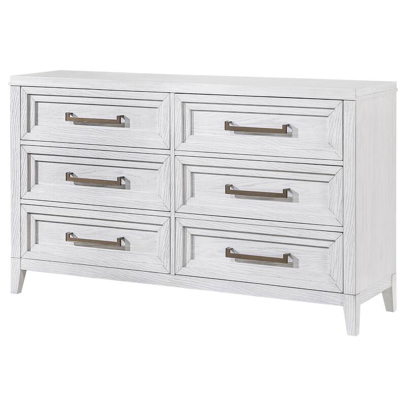 6-Drawer Distressed White Bedroom Dresser with Rustic Finish, Smooth Glide Hardware, and Spacious Storage Space