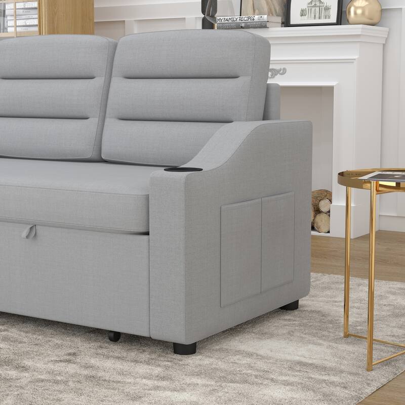 83.5'' Polyester Convertible 3 Seater Sleeper Sofa Couch with Pull-Out Bed, Storage Recliner, Cup Holder, and Side Pockets