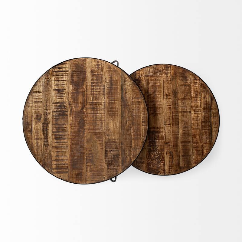 Clapp I Medium Brown Solid Wood Top with Black Iron Base Nesting Coffee Tables - 41"L x 41"W x 19"H