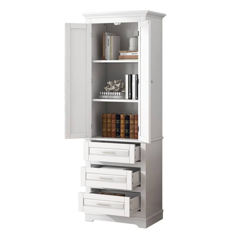 Roomfitters 64" Tall Bathroom Storage Cabinet, Modern MDF Linen Tower with 3 Large Drawers & Adjustable Shelves, White