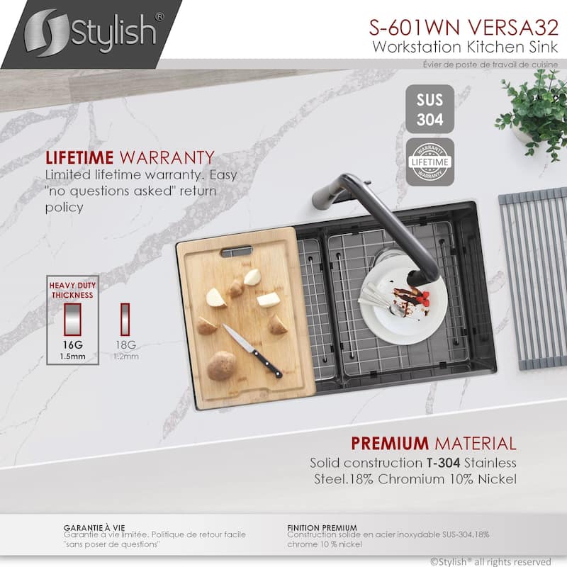 Stylish Undermount 32" Stainless Steel Double-Bowl 16G Kitchen Sink - 32" x 19" x 10"