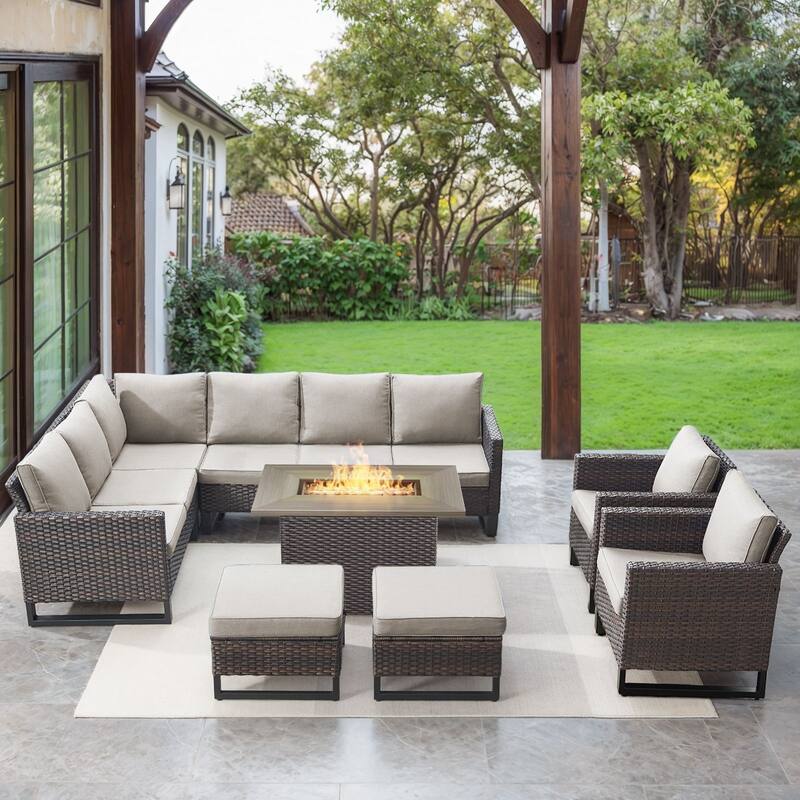 Gymojoy L-Shaped Outdoor Corner Sectional Sofa 6-seats Couch Conversation Set - 6 PCS - Ottomans & Club Chairs & Fire Pit - Brown Wicker / Beige Cusion