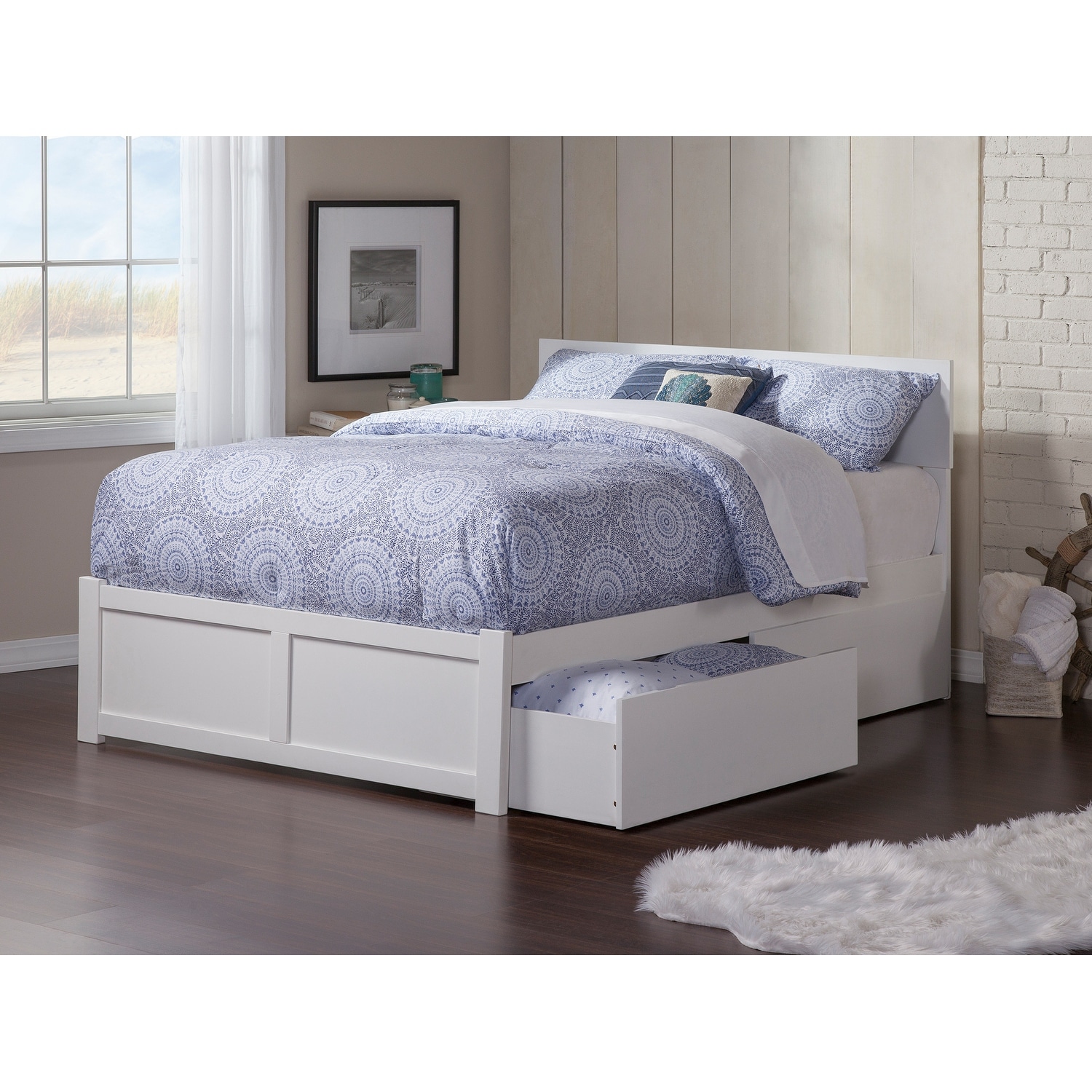 Orlando Full Platform Bed with Footboard & 2 Storage Drawers in White