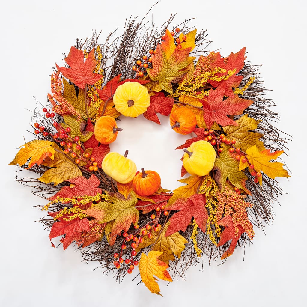 22" Pumpkin & Maple Leaf Fall Wreath on Twig Base - 22