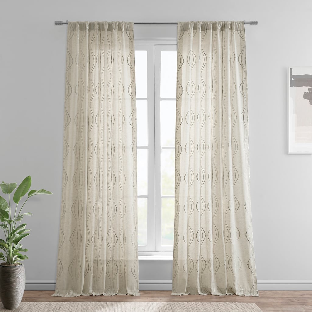 Exclusive Fabrics Suez Designer Embroidered Faux Linen Sheer Curtains - Single Panel Drapes (1 Panel)