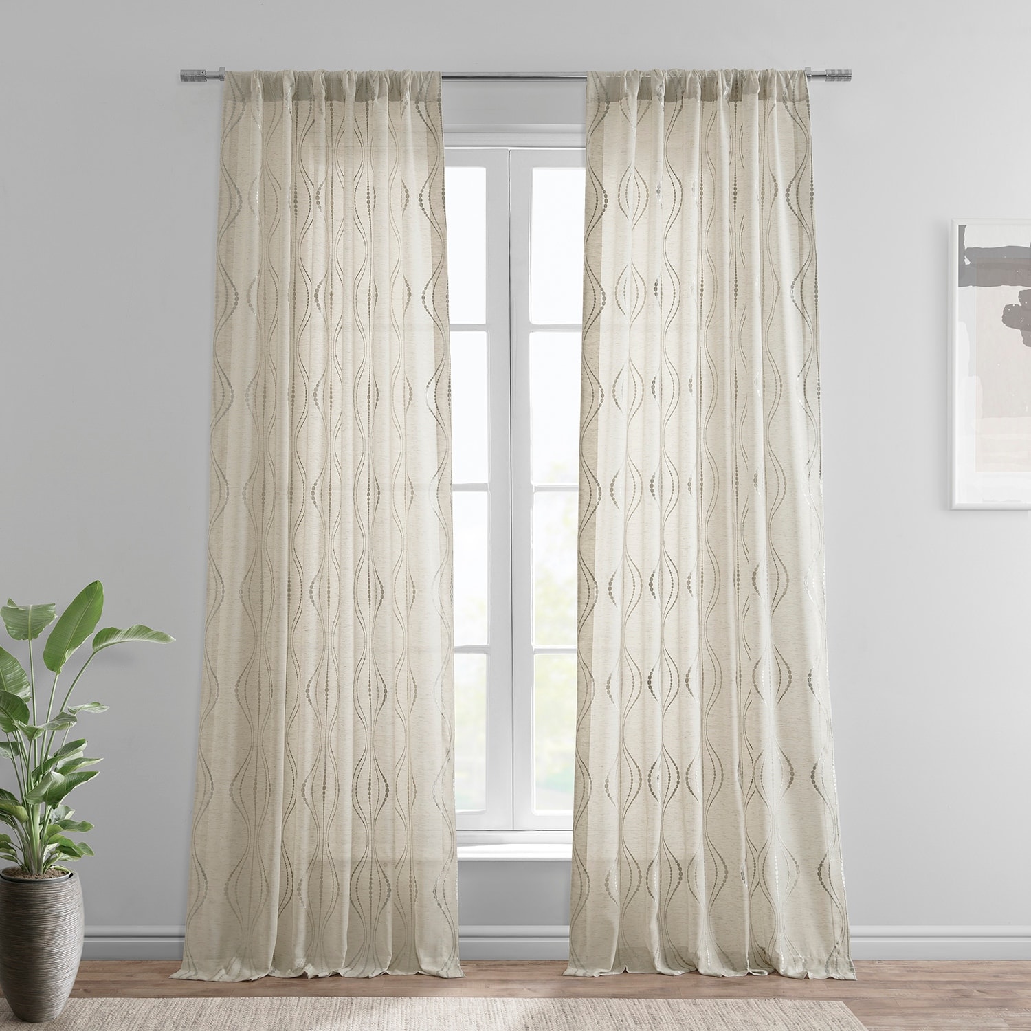Exclusive Fabrics Suez Designer Embroidered Faux Linen Sheer Curtains - Single Panel Drapes (1 Panel)