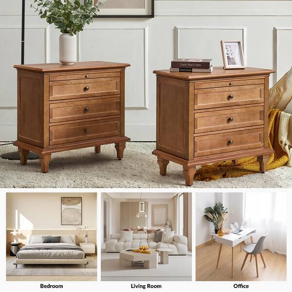 Muriel Farmhouse Style 3 - Drawer Nightstand with Built-In Outlets Set of 2 by HULALA HOME