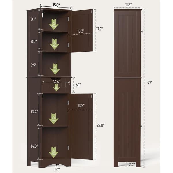 67" H Tall Bathroom Cabinet Narrow Linen Tower, Storage Cabinet with 2 Doors & Drawer
