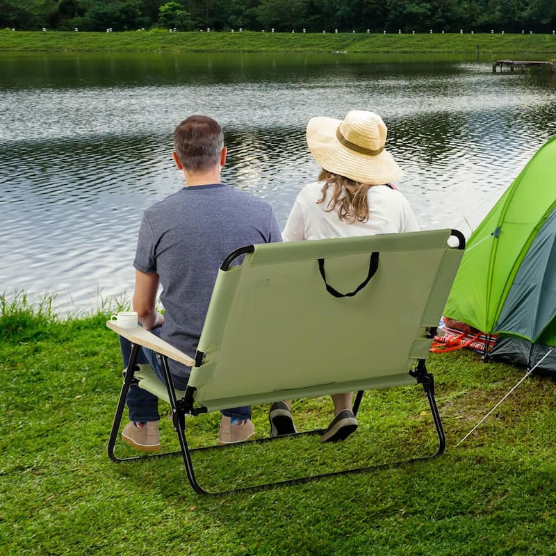 Double Folding Camping Chair, Portable Loveseat, Wood Armrests