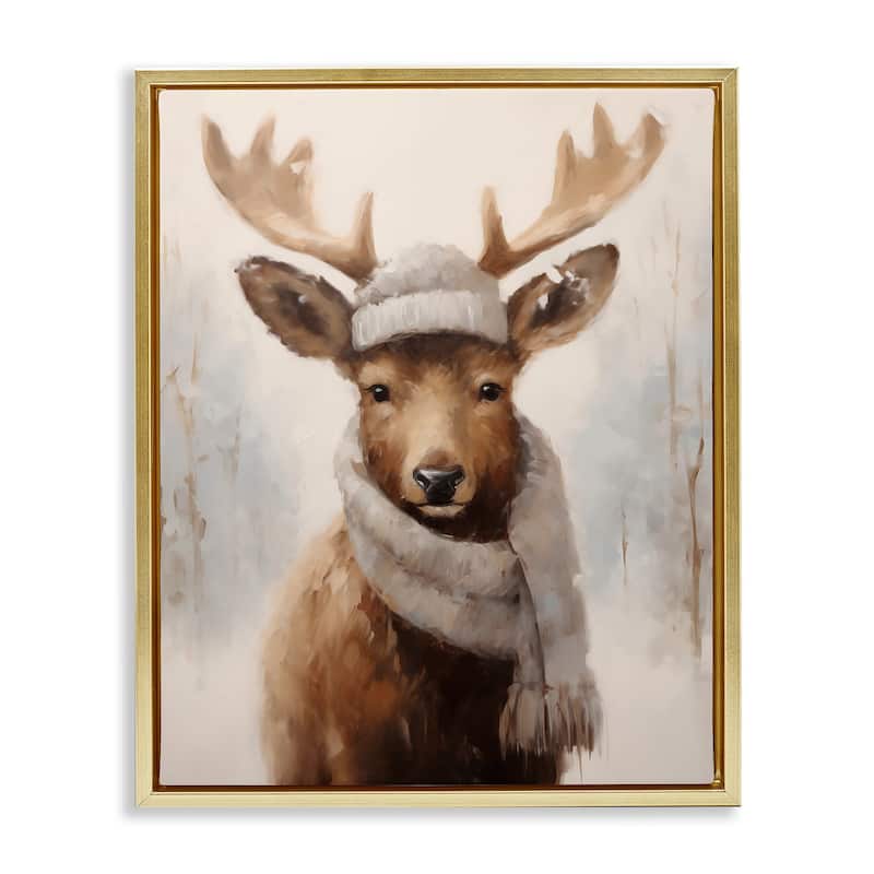 Stupell Cozy Winter Deer Fawn Framed Floater Canvas Wall Art Design By Arlington Prints - 17 x 21 - Gold