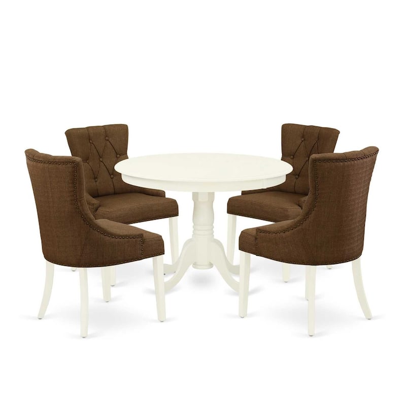 HomeStock 5-Piece Round Linen White Finish Solid Wood Top Dining Table with 4 Parson Chair with Lattice Back