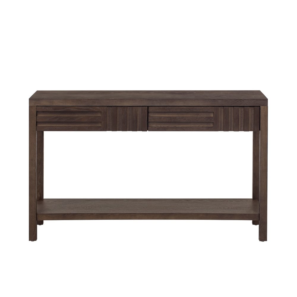 Living Room Wood Entryway Console Table with Striped Design, 51.3" Narrow Long Sofa Table with 2 Drawers and Open Storage Shelf