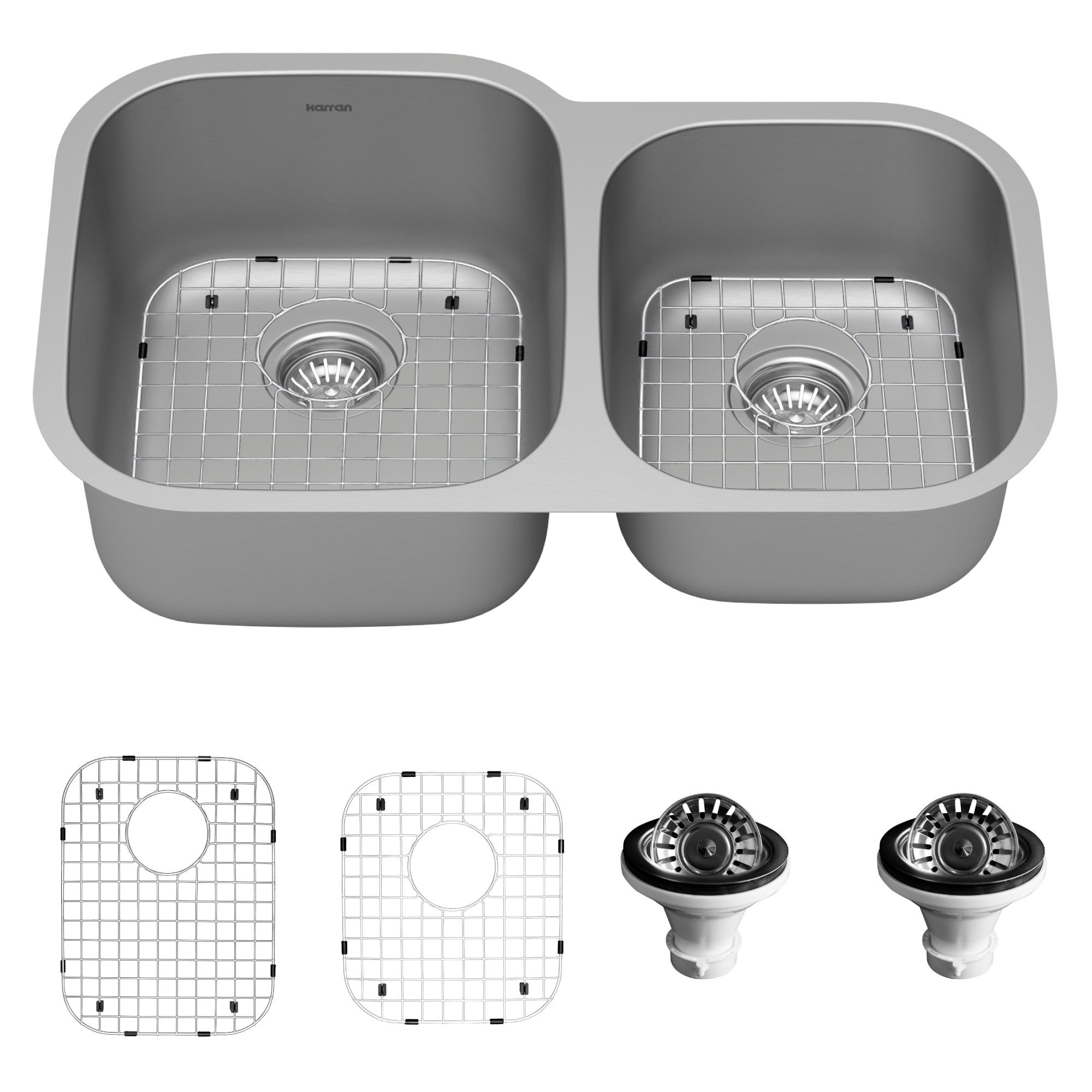 Karran 32" Undermount 18-Gauge Stainless Steel 60/40 Double Bowl Kitchen Sink Kit - Silver