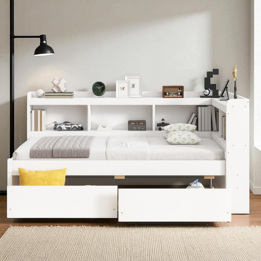 Twin Size Bed with L-Shaped Bookcase, USB Ports, Type-C Charging, Power Outlets, Drawers, Storage Headboard