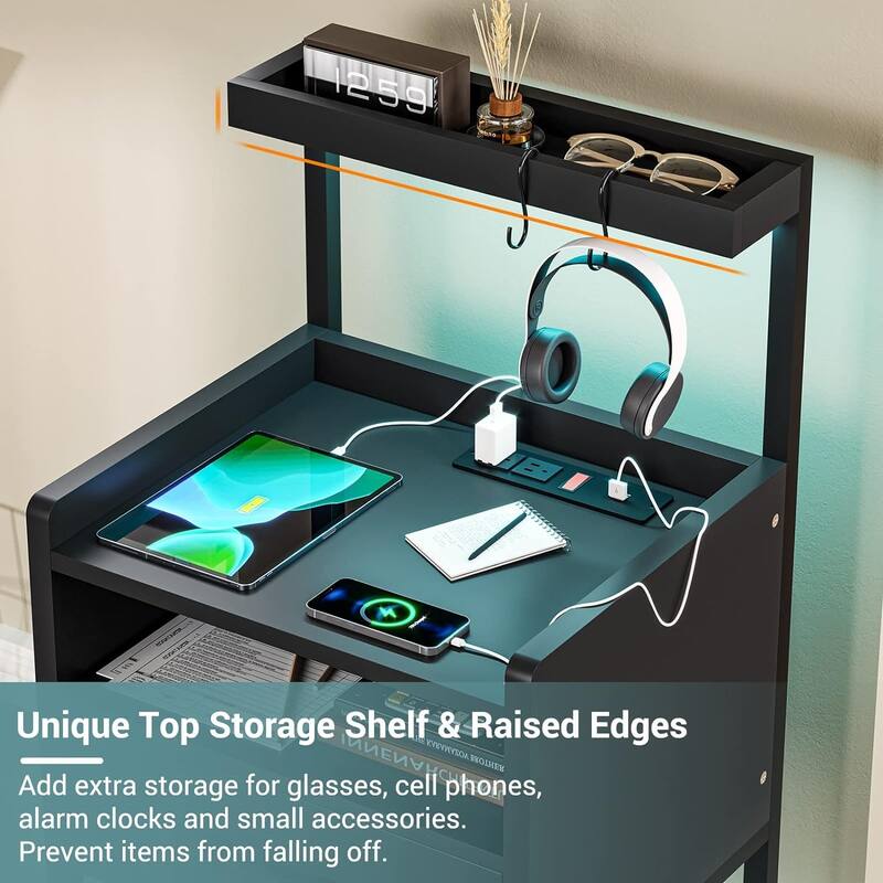 Nightstand with 1 Drawer Shelf USB Ports End Side Table