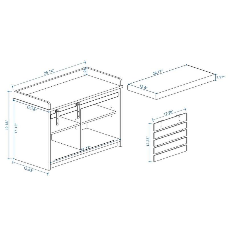 Shoe Storage Bench, 2-Tier Entryway Bench with Sliding Barn Door & 2 Adjustable Shelves & Full Soft Removable Seat Cushion