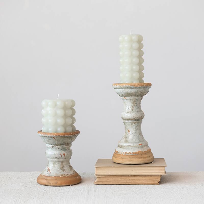 2-Tone Terracotta Pillar Candle Holder - 5.1"L x 5.1"W x 9.7"H