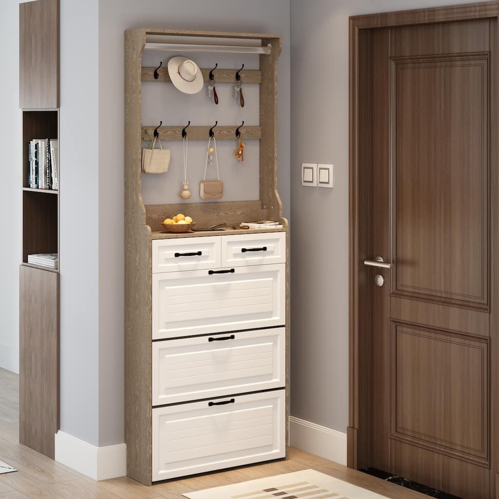 Shoe Cabinet with 3 Doors 2 Drawers, PVC Door with Shape, Large Space for Storage