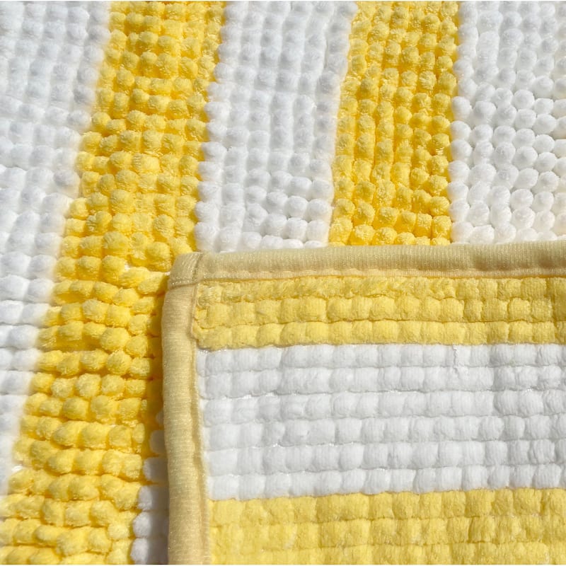 2 Piece Set Yellow White Stripe Soft Cozy Plush Chenille Bath Mat Bathroom Rug