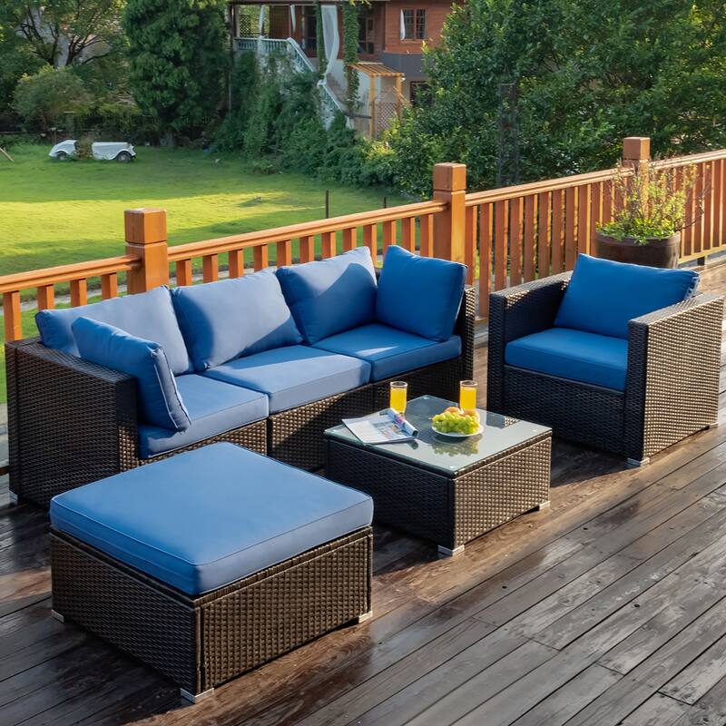 Costway 6PCS Patio Rattan Furniture Set Sofa Coffee Table Ottoman Navy - See Description