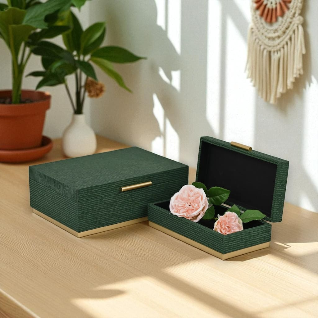 Retro Striped Rectangular Nesting Boxes - 11.75" - Green and Gold - Set of 2