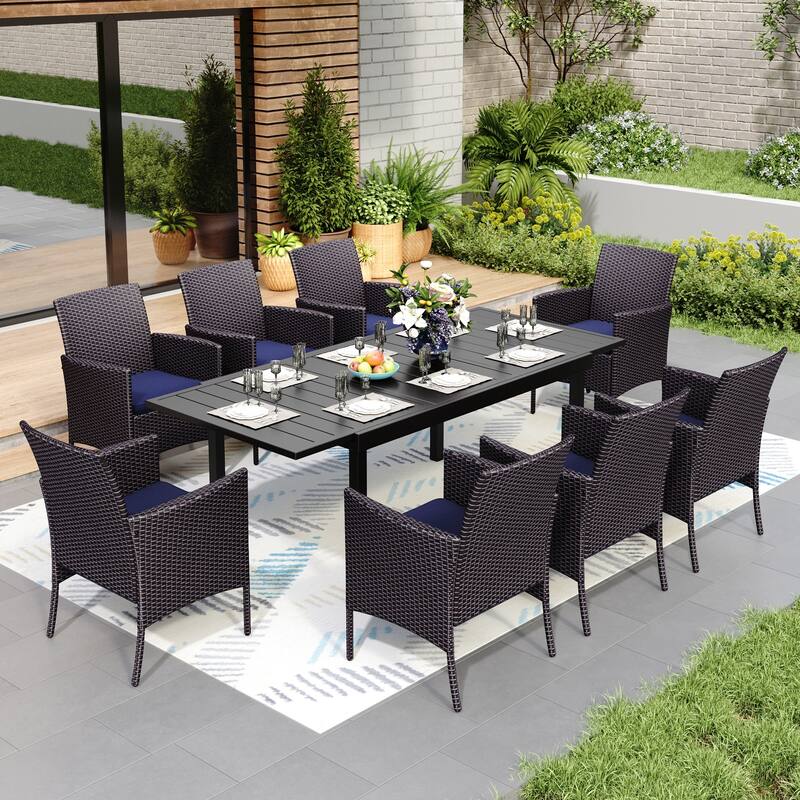 7/9 Patio Dining Set, Expendable Rectangular Outdoor Dining Table with Rattan Chairs - 9-Piece Crescent Chairs