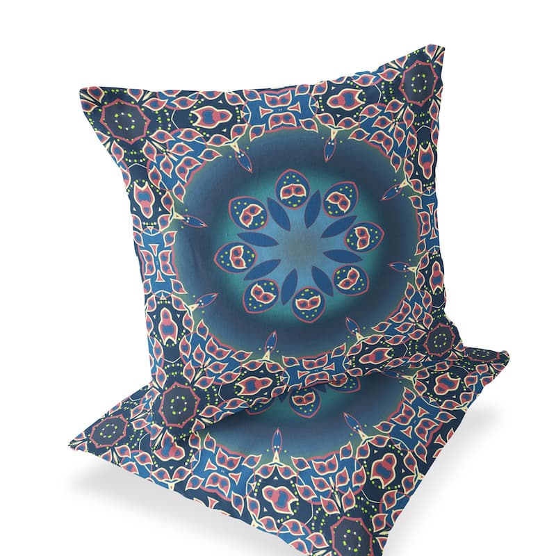 HomeRoots Set of Two 16" X 16" Blue and Pink Blown Seam Floral Indoor Outdoor Throw Pillow - 16.00' X '16.00' X '5.00
