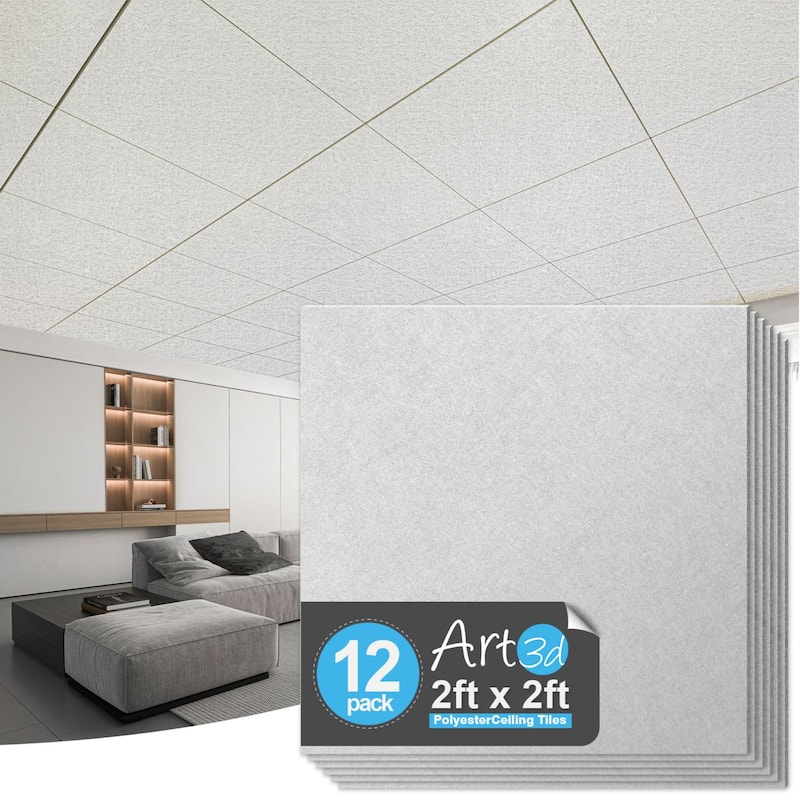 Art3d 12pcs Flexible PET Acoustic Wall Tiles Ceiling Tiles Cover 48 Sq.Ft. - White-Grey