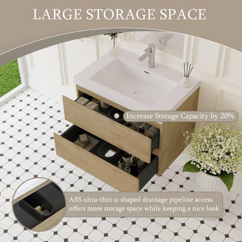 30" Wall-Mounted Bathroom Vanity with Resin Sink - Floating Bathroom Cabinet with Soft-Close Hinges,Floating Vanity Cabinet