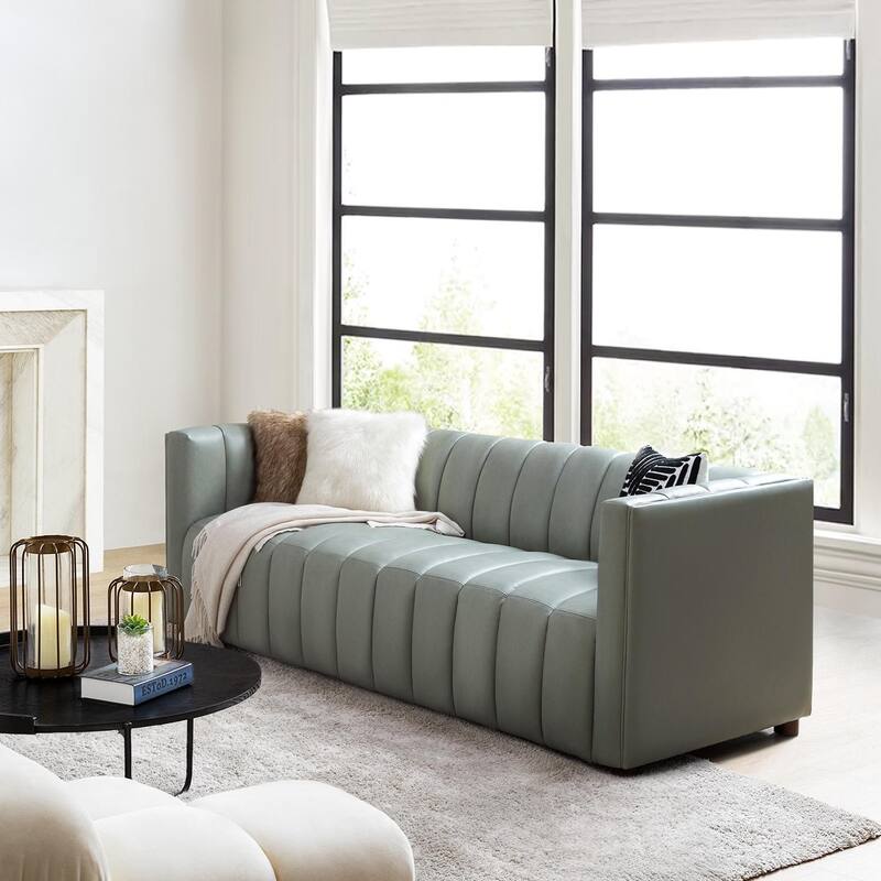 Olinto Modern 83-Inch Genuine Leather Curved Couch Sofa with Channel Back by HULALA HOME