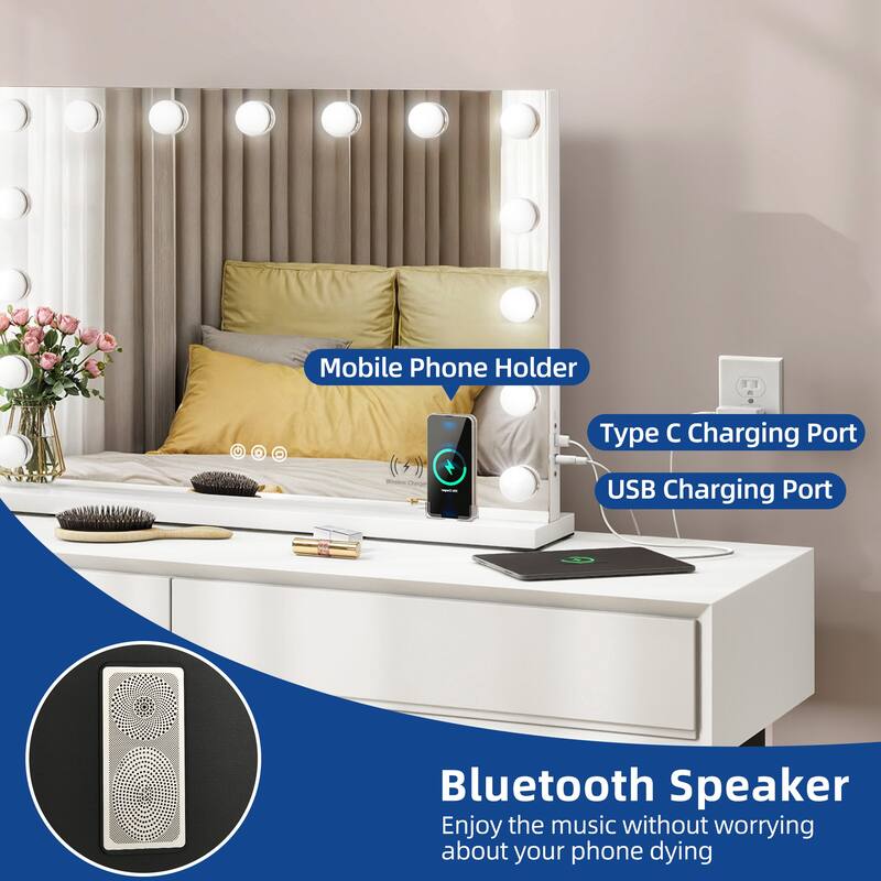 Moasis LED Lighted Makeup Mirror with Touch Screen 3 Colors Lighting Vanity Mirror w/ Wireless Charger and Speaker