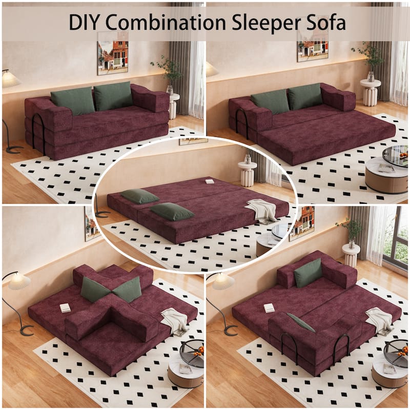 80" Convertible Sofa Bed with 2 Pillows, 2-Seat Folding Floor Couch, Multifunctional Chenille Loveseat Living Room Sleeper Sofa