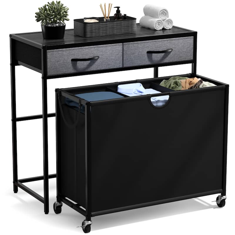 Sorbus Dresser with 3 Section Laundry Hamper Pull-Out with Wheels and 2 Drawers Laundry Room Organization - Black