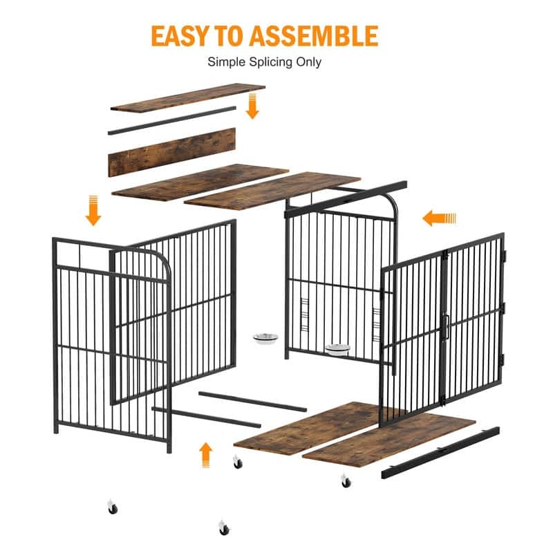 Large Dog Kennel Crate Furniture with 360° Adjustable Elevated Feeder Wheels