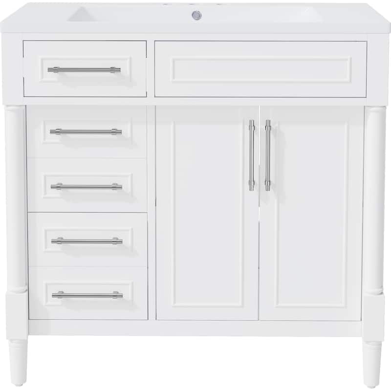 Roomfitters 36" Vanity with Resin Sink, Cabinet with 2 Drawers and Tip-out Tray, Solid Wood Freestanding Unit, Adjustable Shelf