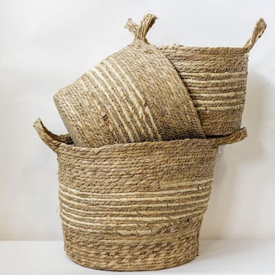 Set Of 3 Multi Color Striped With Handles Baskets