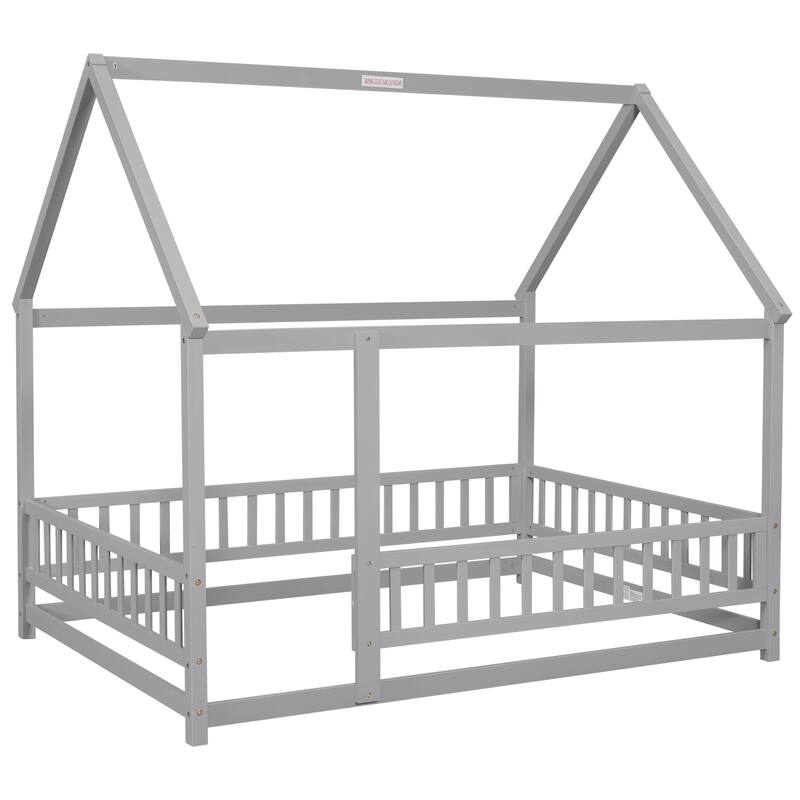 Full/Twin Size Wooden Bed with House Roof Frame and Fence Guardrails