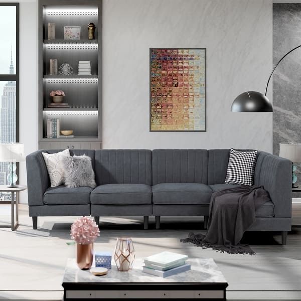 slide 1 of 14, Futzca Convertible Sectional Sofa Couch, Polyester Fabric 5-Seater Sofa, L Shape Couch with Sectional for Apartment Grey