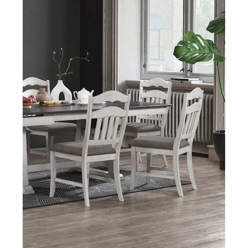 Contemporary Antique White Side Chairs Upholstered Cushion Seat Ladder Back 2pc Dining Chairs