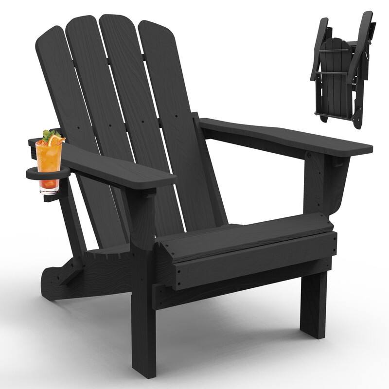 Domi Folding Adirondack Chair,Wooden Textured with Cup Holder,HDPE