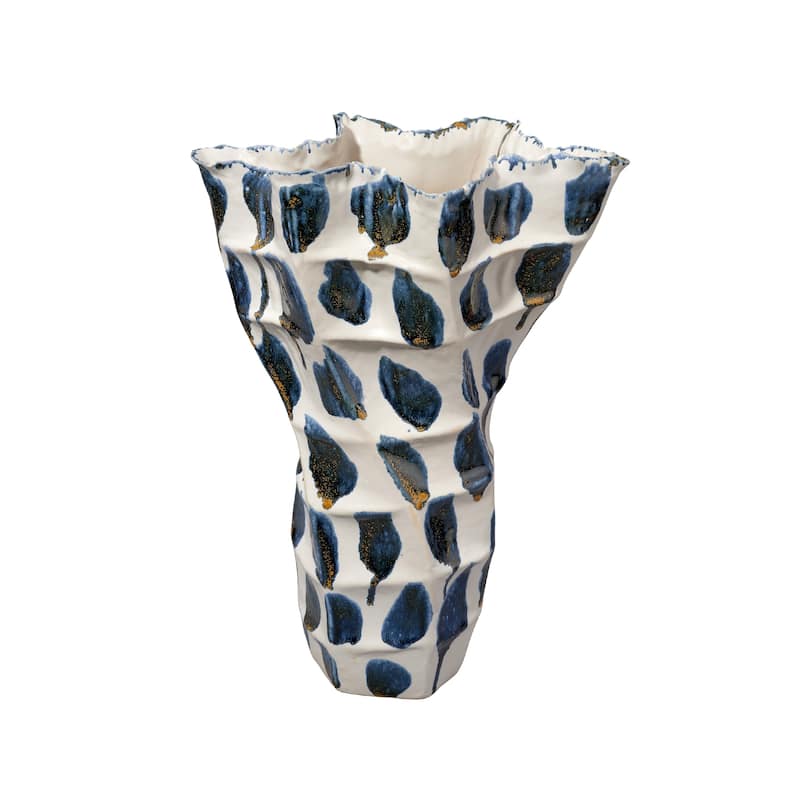 Nery Decorative Vase, Blue White Patchwork Ceramic, Ruffled Edge